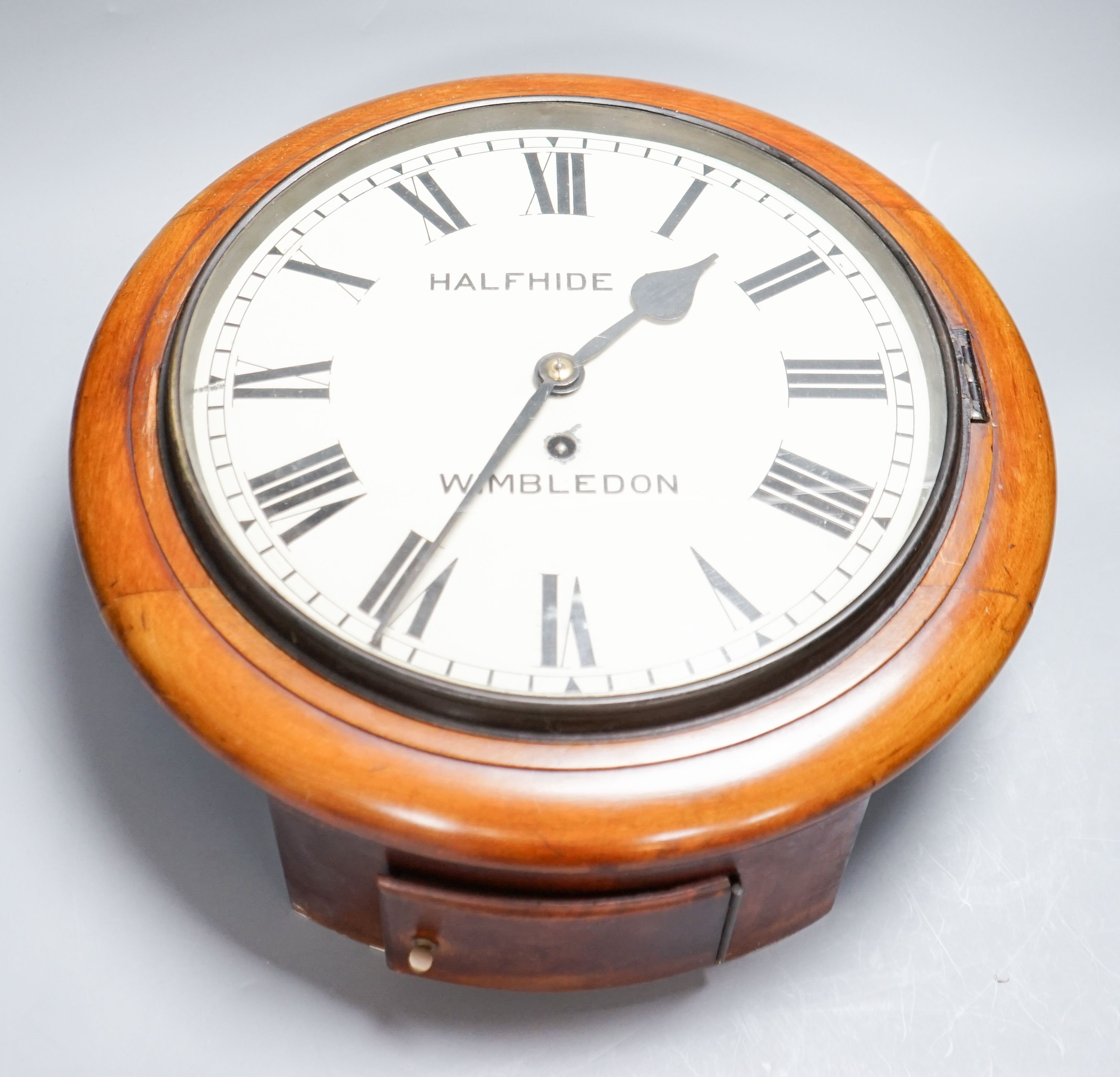 An early 20th century mahogany wall dial timepiece, Halfhide Wimbledon, German movement, 39.5 cm diameter